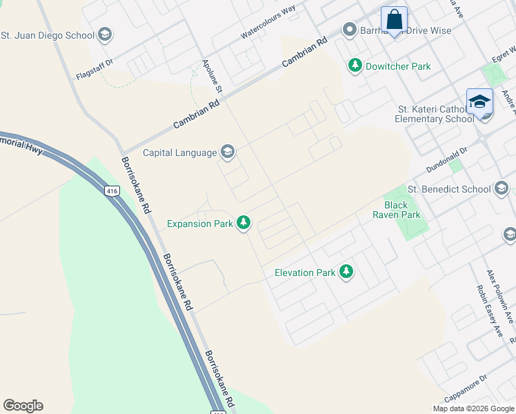 map of restaurants, bars, coffee shops, grocery stores, and more near 622 Expansion Road in Ottawa
