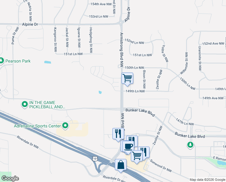map of restaurants, bars, coffee shops, grocery stores, and more near 7950 149th Lane Northwest in Ramsey