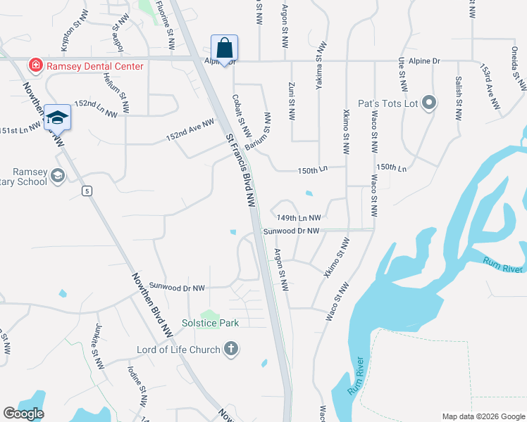 map of restaurants, bars, coffee shops, grocery stores, and more near 14918 Saint Francis Boulevard Northwest in Ramsey