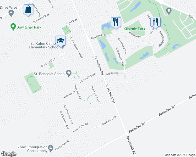 map of restaurants, bars, coffee shops, grocery stores, and more near 858 Kilbirnie Drive in Ottawa