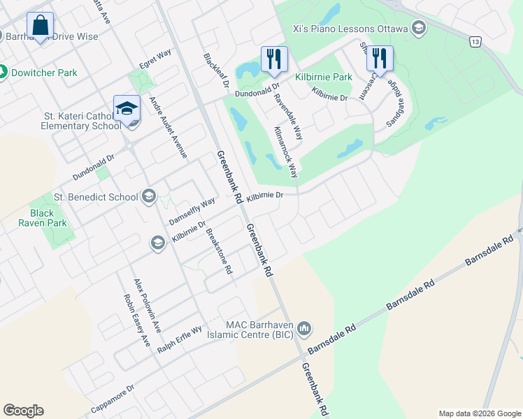 map of restaurants, bars, coffee shops, grocery stores, and more near 514 Pinawa Circle in Ottawa