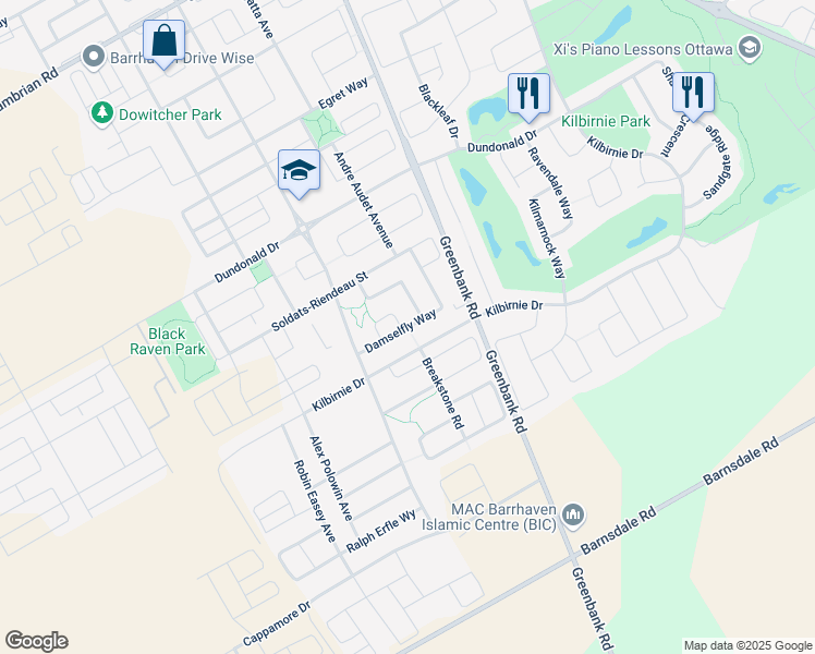 map of restaurants, bars, coffee shops, grocery stores, and more near Damselfly Way in Ottawa