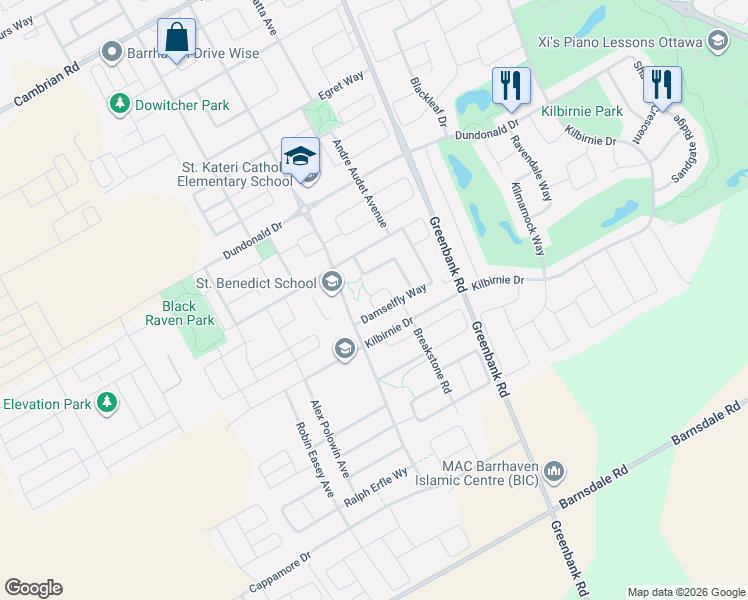 map of restaurants, bars, coffee shops, grocery stores, and more near 159 Damselfly Way in Ottawa