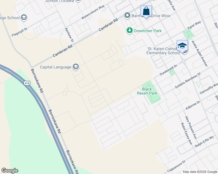 map of restaurants, bars, coffee shops, grocery stores, and more near 840 Andesite Terrace in Ottawa