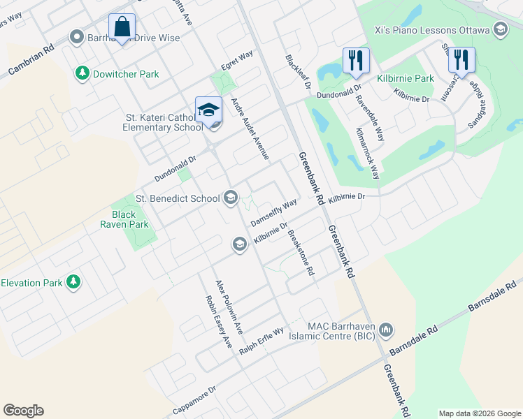 map of restaurants, bars, coffee shops, grocery stores, and more near 677 Broad Cove Crescent in Ottawa
