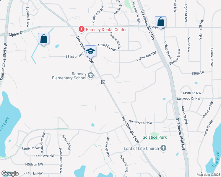 map of restaurants, bars, coffee shops, grocery stores, and more near 14941 Nowthen Boulevard Northwest in Ramsey