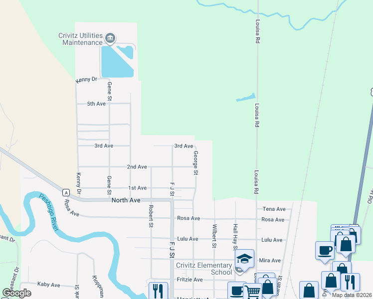 map of restaurants, bars, coffee shops, grocery stores, and more near 908 2nd Avenue in Crivitz