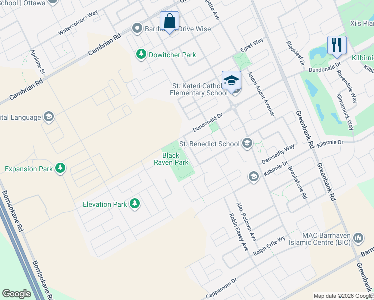 map of restaurants, bars, coffee shops, grocery stores, and more near 549 Ensatina Crescent in Ottawa