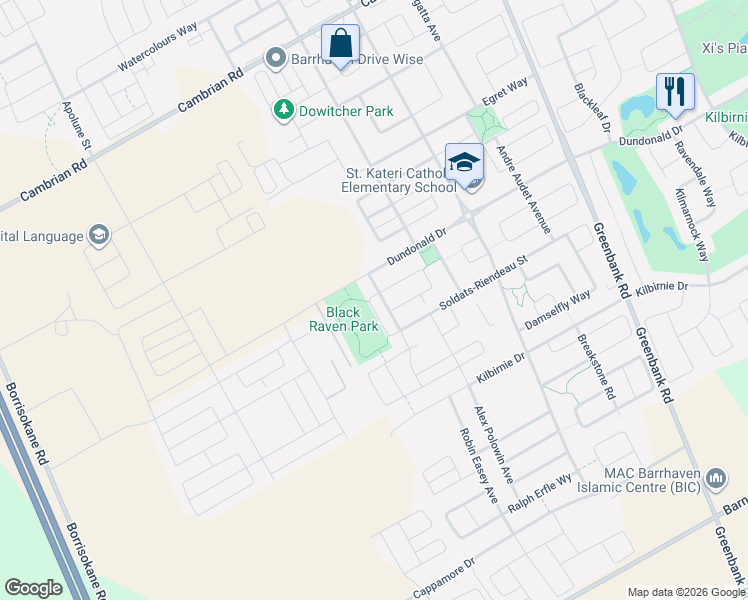 map of restaurants, bars, coffee shops, grocery stores, and more near 549 Ensatina Crescent in Ottawa