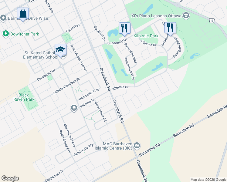 map of restaurants, bars, coffee shops, grocery stores, and more near 843 Kilbirnie Drive in Ottawa