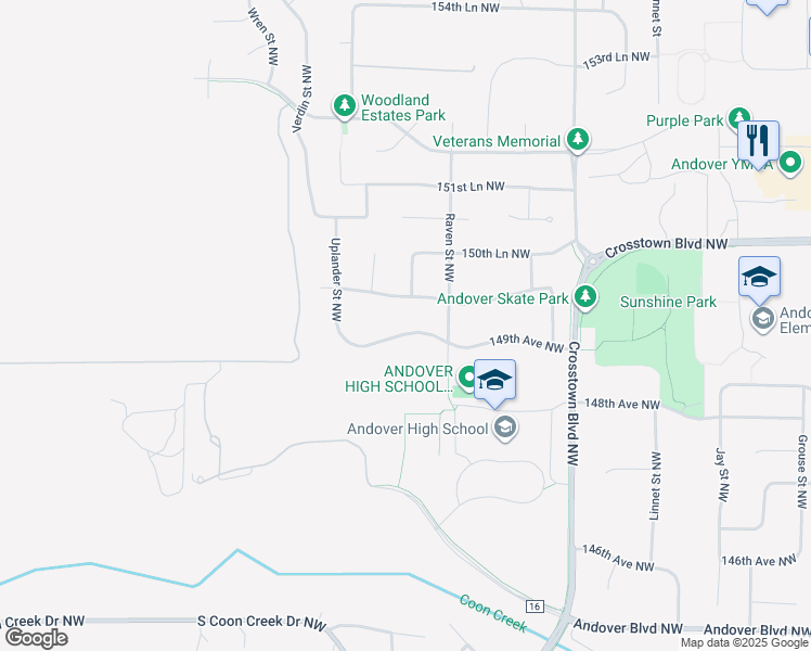 map of restaurants, bars, coffee shops, grocery stores, and more near 2267 149th Avenue Northwest in Andover
