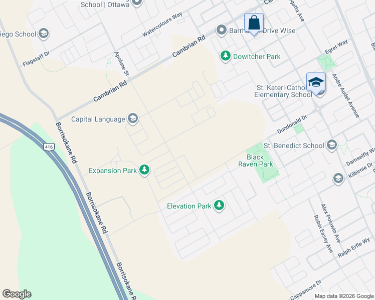 map of restaurants, bars, coffee shops, grocery stores, and more near 827 Andesite Terrace in Ottawa