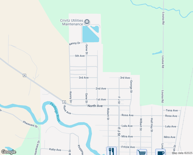 map of restaurants, bars, coffee shops, grocery stores, and more near 1216 3rd Avenue in Crivitz