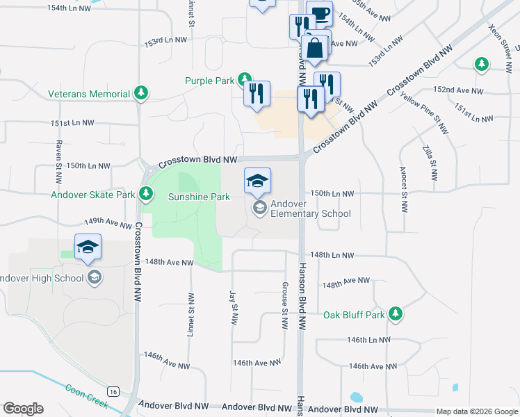map of restaurants, bars, coffee shops, grocery stores, and more near 14950 Hanson Boulevard Northwest in Andover