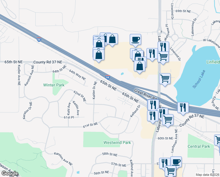 map of restaurants, bars, coffee shops, grocery stores, and more near 10697 County Road 37 Northeast in Albertville