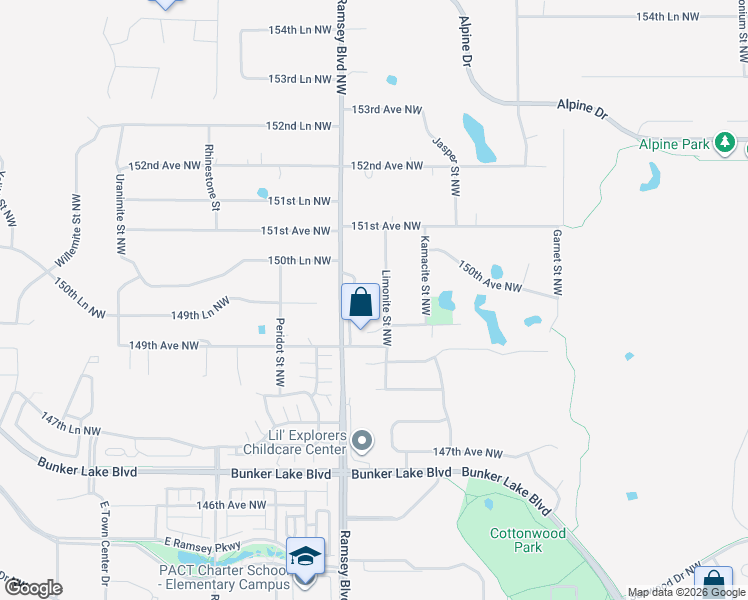 map of restaurants, bars, coffee shops, grocery stores, and more near 14940 Limonite Street Northwest in Ramsey