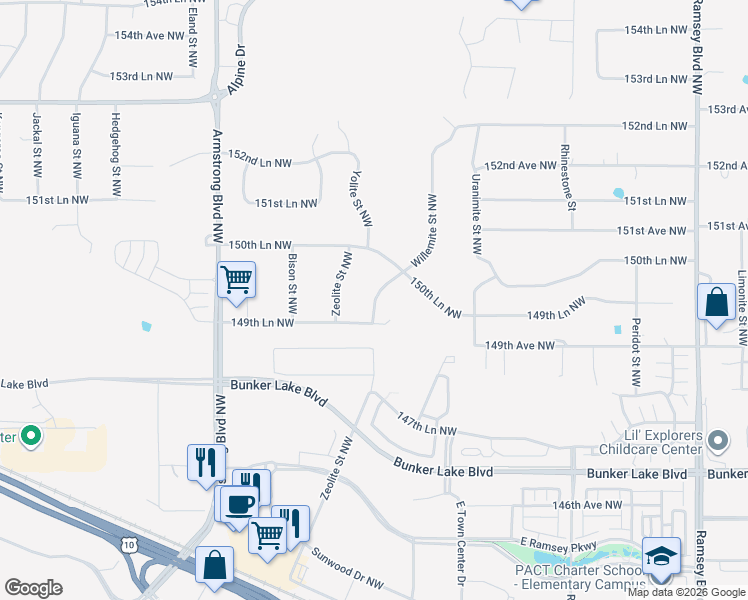 map of restaurants, bars, coffee shops, grocery stores, and more near 14940 Willemite Street Northwest in Ramsey