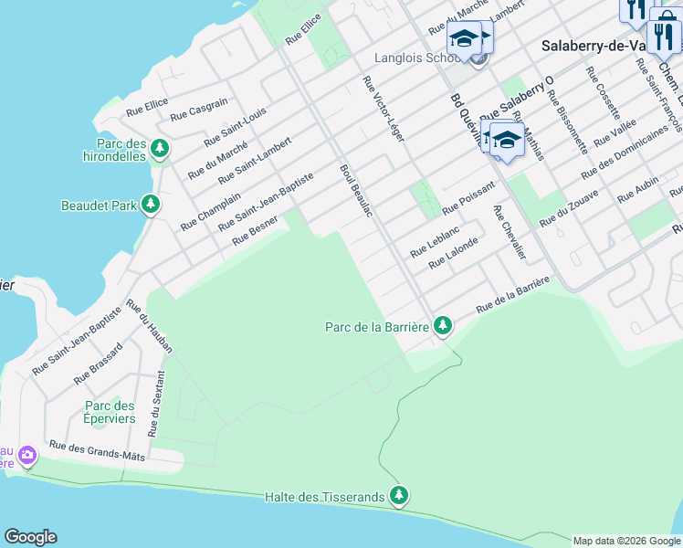 map of restaurants, bars, coffee shops, grocery stores, and more near Rue Poissant in Salaberry-de-Valleyfield