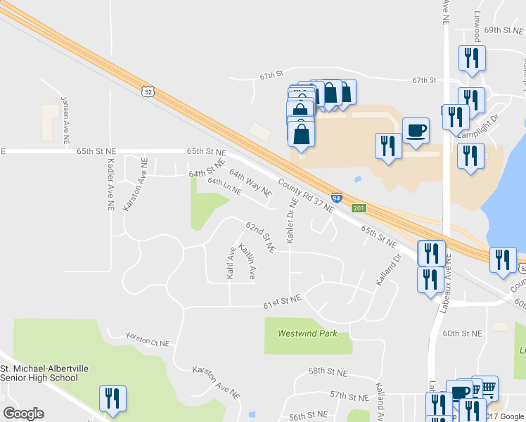 map of restaurants, bars, coffee shops, grocery stores, and more near 10546 64th Lane Northeast in Albertville