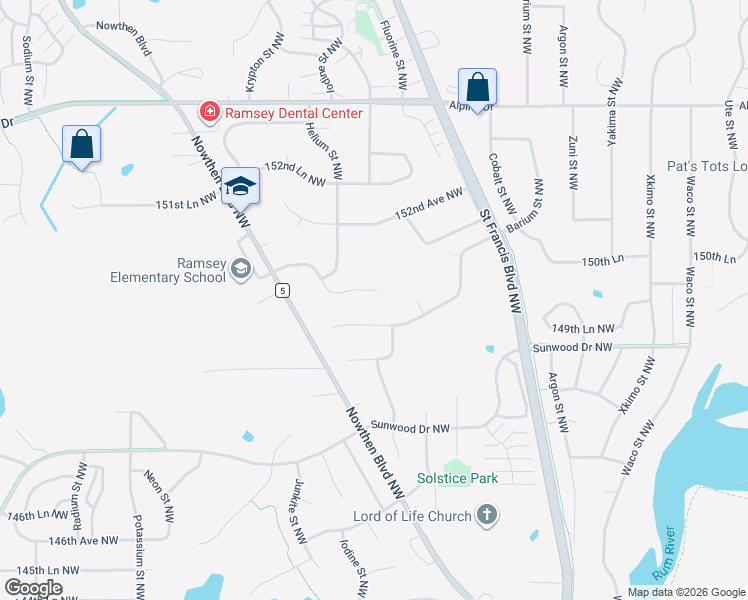 map of restaurants, bars, coffee shops, grocery stores, and more near 5531 150th Lane Northwest in Ramsey
