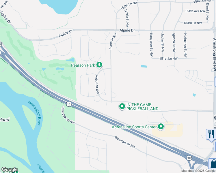 map of restaurants, bars, coffee shops, grocery stores, and more near 8620 149th Court Northwest in Ramsey