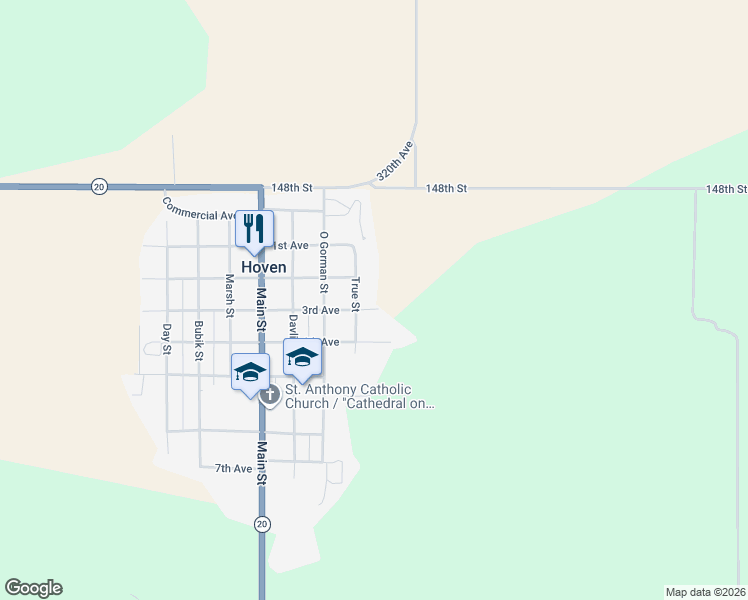 map of restaurants, bars, coffee shops, grocery stores, and more near 201-299 True Street in Hoven