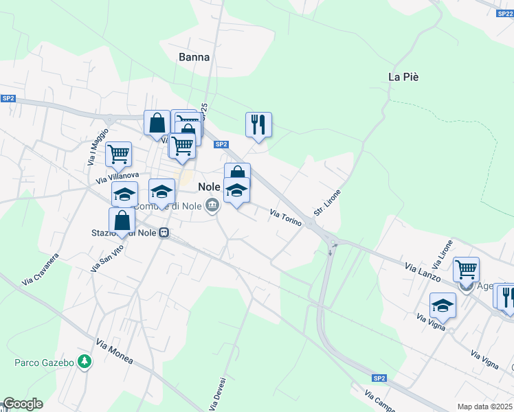 map of restaurants, bars, coffee shops, grocery stores, and more near 11 Via Circonvallazione in Nole
