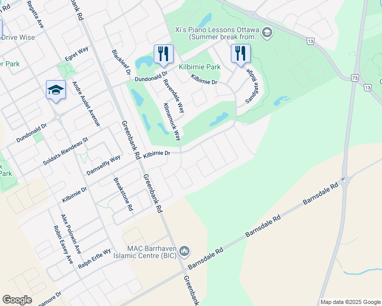 map of restaurants, bars, coffee shops, grocery stores, and more near 797 Kilbirnie Drive in Ottawa