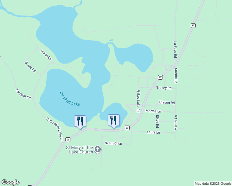 map of restaurants, bars, coffee shops, grocery stores, and more near 15566 East Crooked Lake Lane in Crivitz