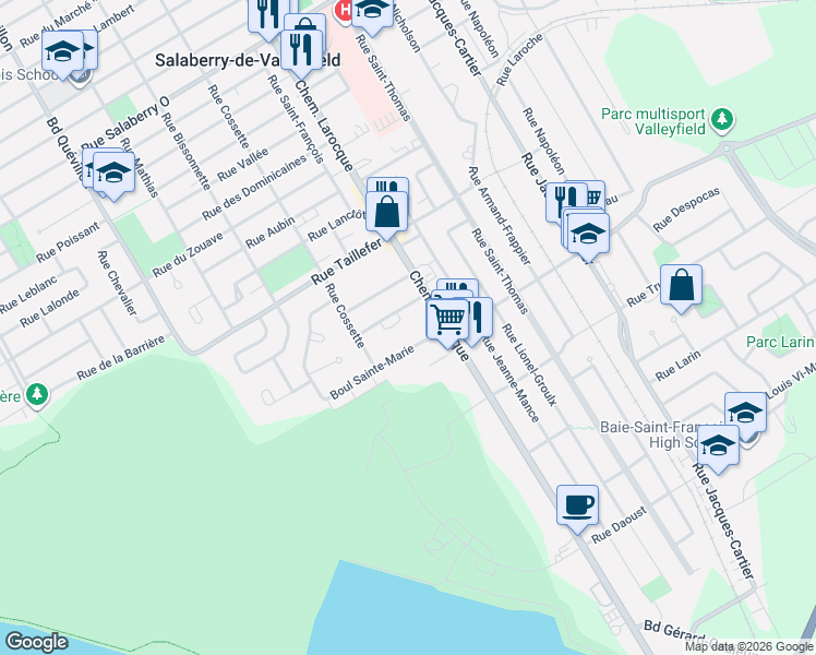 map of restaurants, bars, coffee shops, grocery stores, and more near 309 Rue Armand Mallette in Salaberry-de-Valleyfield