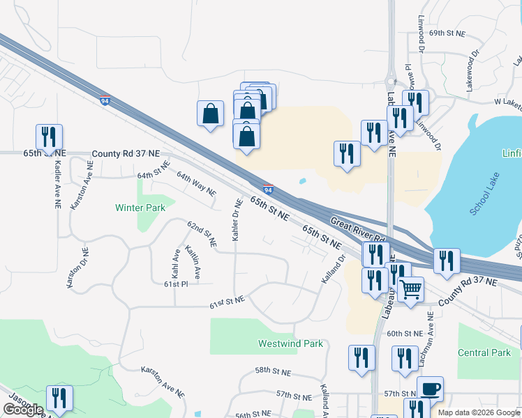 map of restaurants, bars, coffee shops, grocery stores, and more near 10697 County Road 37 Northeast in Albertville