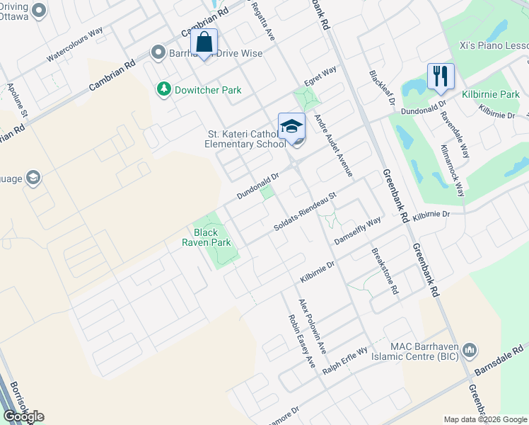 map of restaurants, bars, coffee shops, grocery stores, and more near 751 Devario Crescent in Ottawa
