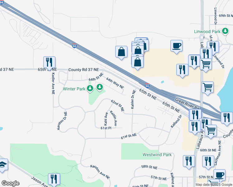 map of restaurants, bars, coffee shops, grocery stores, and more near 10551 64th Lane Northeast in Albertville