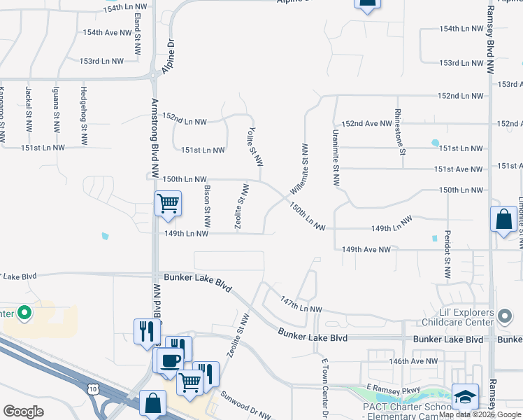 map of restaurants, bars, coffee shops, grocery stores, and more near 14940 Willemite Street Northwest in Ramsey