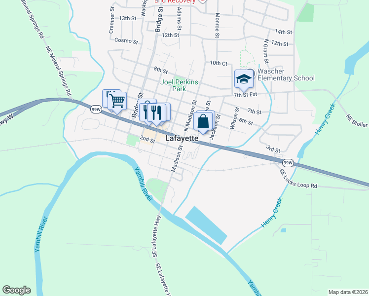 map of restaurants, bars, coffee shops, grocery stores, and more near 240 Madison St in Lafayette