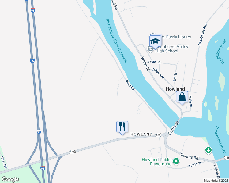 map of restaurants, bars, coffee shops, grocery stores, and more near 52 River Road in Howland