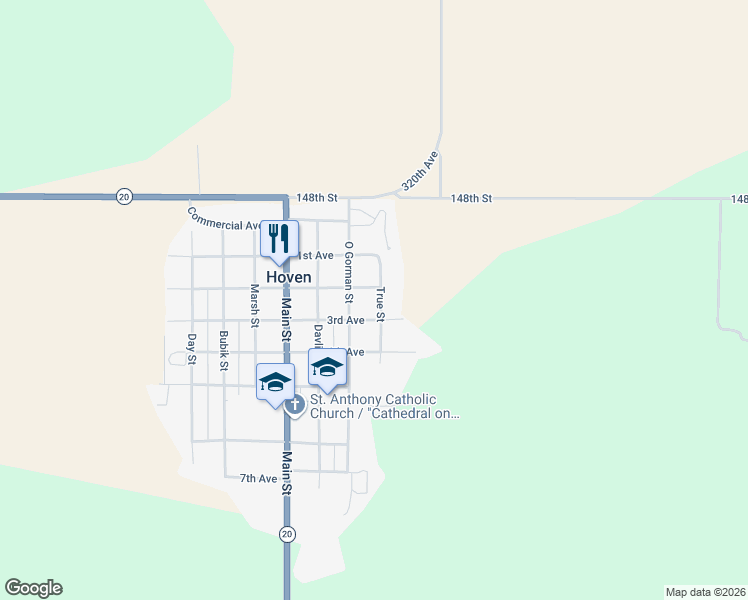 map of restaurants, bars, coffee shops, grocery stores, and more near 201 2nd Avenue in Hoven