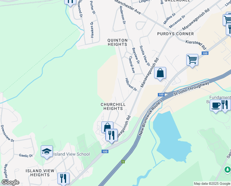 map of restaurants, bars, coffee shops, grocery stores, and more near 32 Vale Crest Drive in Saint John