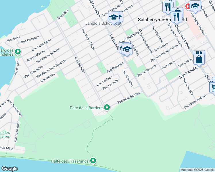 map of restaurants, bars, coffee shops, grocery stores, and more near Rue Lalonde in Salaberry-de-Valleyfield