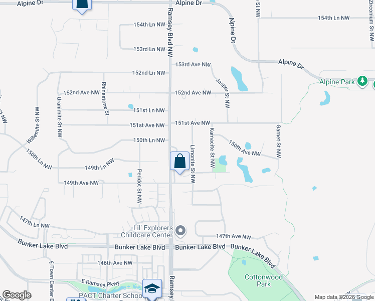 map of restaurants, bars, coffee shops, grocery stores, and more near 14940 Limonite Street Northwest in Ramsey