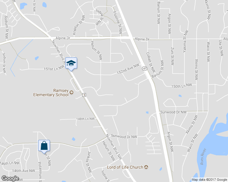 map of restaurants, bars, coffee shops, grocery stores, and more near 5531 150th Lane Northwest in Ramsey