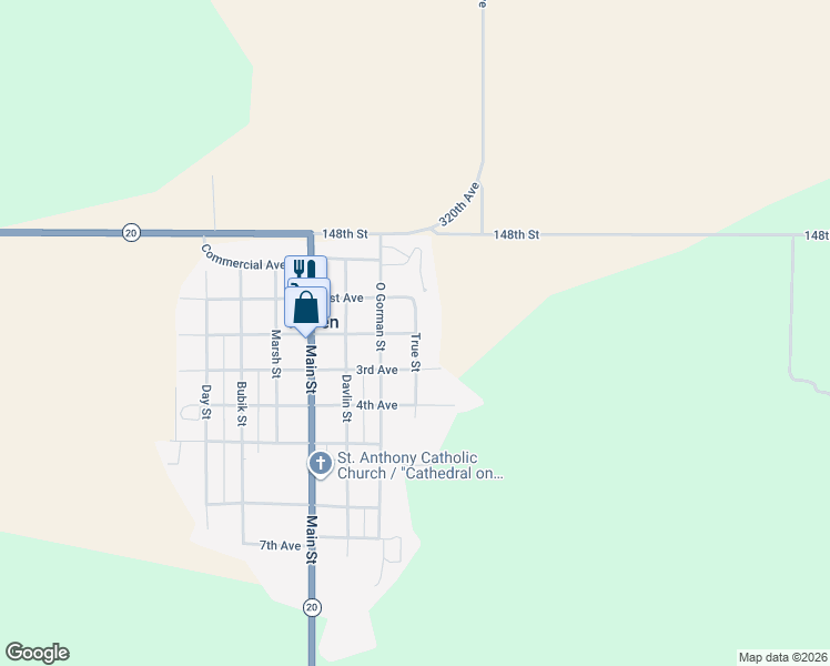 map of restaurants, bars, coffee shops, grocery stores, and more near 201 2nd Avenue in Hoven