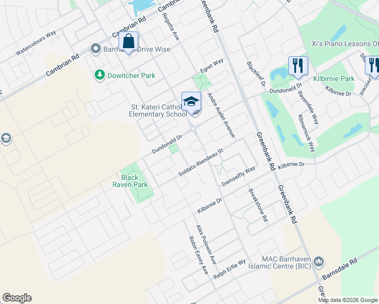 map of restaurants, bars, coffee shops, grocery stores, and more near 73 Bristling Crescent in Ottawa