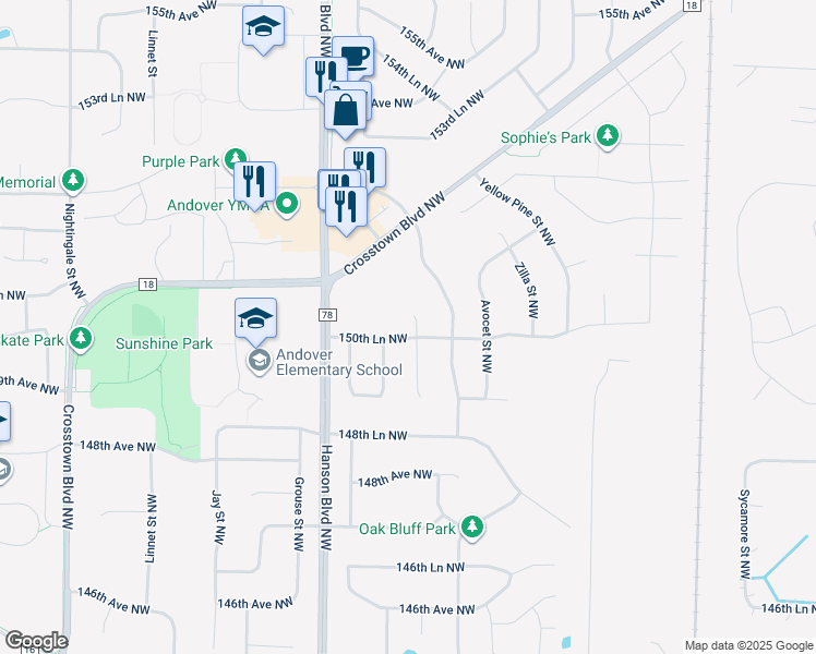 map of restaurants, bars, coffee shops, grocery stores, and more near 15062 Crane Street Northwest in Andover
