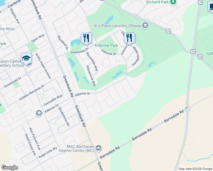 map of restaurants, bars, coffee shops, grocery stores, and more near 788 Kilbirnie Drive in Ottawa