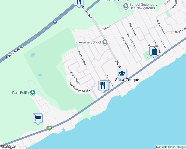 map of restaurants, bars, coffee shops, grocery stores, and more near 122 Rue Royal Montréal in Saint-Zotique