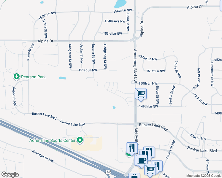 map of restaurants, bars, coffee shops, grocery stores, and more near 15076 Iguana Street Northwest in Ramsey