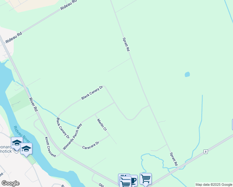 map of restaurants, bars, coffee shops, grocery stores, and more near 1144 Black Canary Drive in Ottawa
