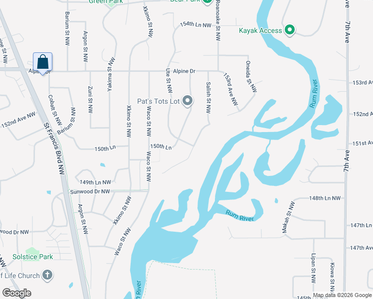 map of restaurants, bars, coffee shops, grocery stores, and more near 15000 Juniper Ridge Drive Northwest in Ramsey