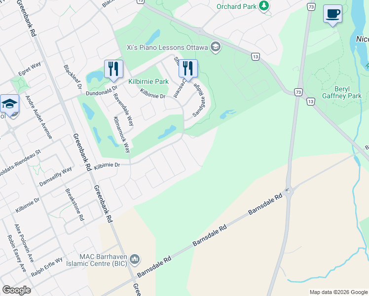 map of restaurants, bars, coffee shops, grocery stores, and more near 115 Cedardown Private in Ottawa